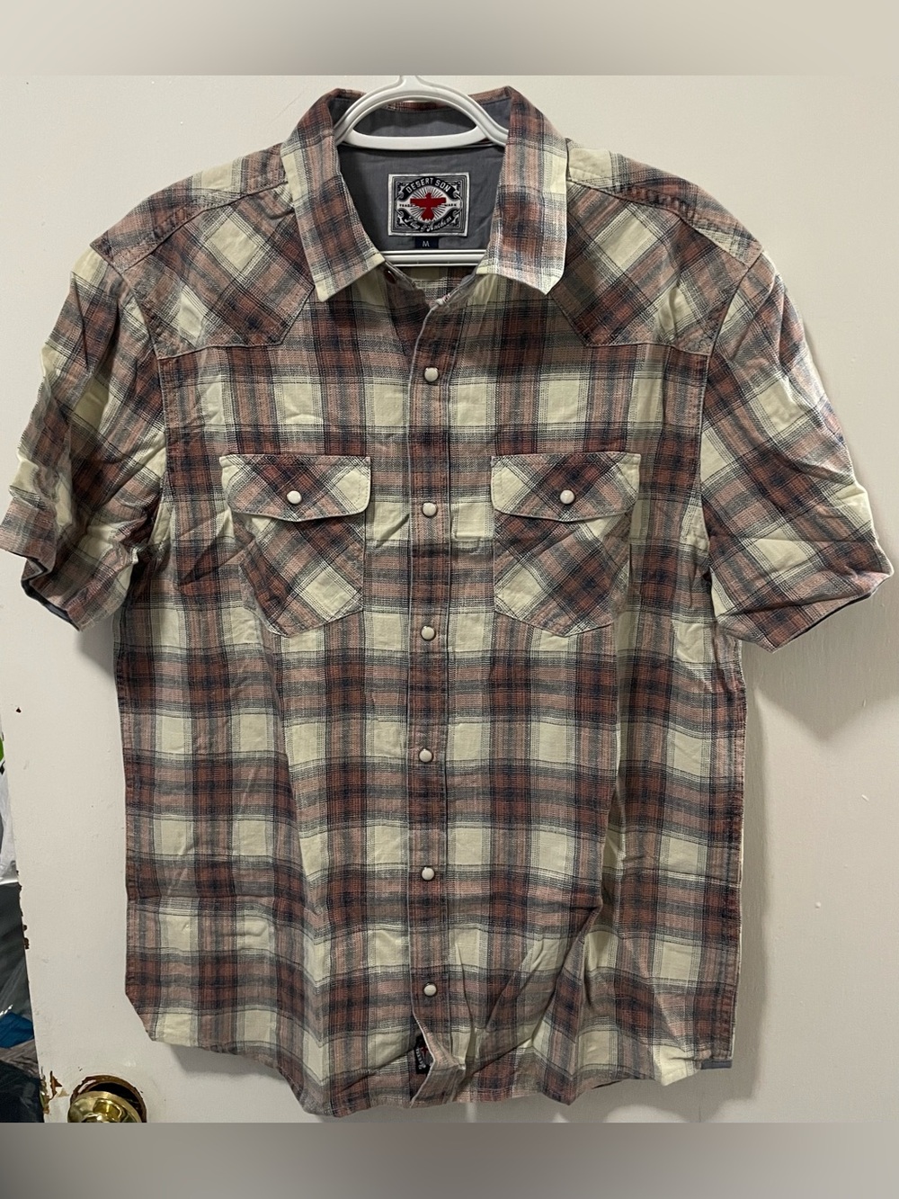 Flag & Anthem Men’s Coral Cream Navy Short Sleeve Plaid Button Up Shirt Medium M